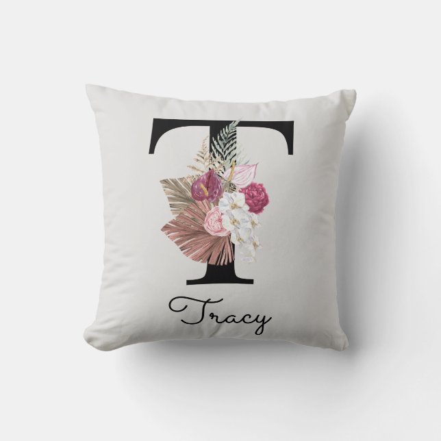 Cojín Decorativo Monogramado Pink Floral Inicial T (Anverso)
