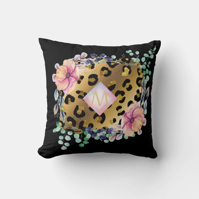 Cojín Decorativo Monogramado rosa rosado de bonito Girly Leopard Pr (Anverso)