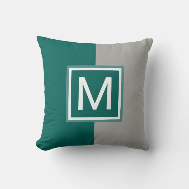 Cojín Decorativo Monogramado Verde azulado y gris moderno (Anverso)
