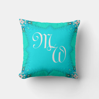 Cojín Decorativo Monogramas de encaje fractal verde azul para almoh