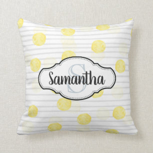 Cojín Decorativo Monogramo de puntos y franjas de polka amarillo li