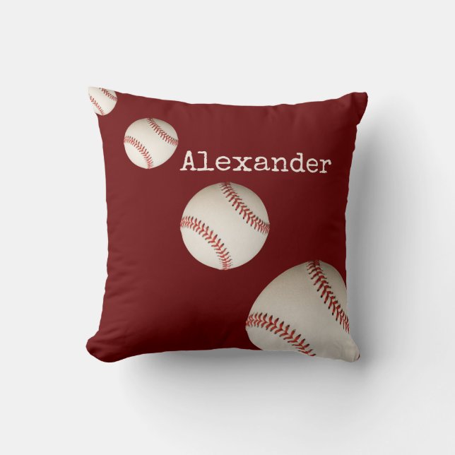 Cojín Decorativo Monogramo nombre marrón de deportes de béisbol roj (Anverso)