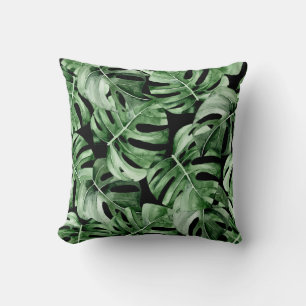 Cojín Decorativo Monstera Oscura: Impresión de acuarela tropical.