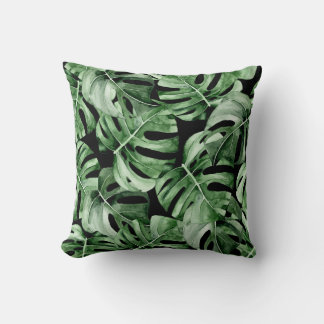 Cojín Decorativo Monstera Oscura: Impresión de acuarela tropical.