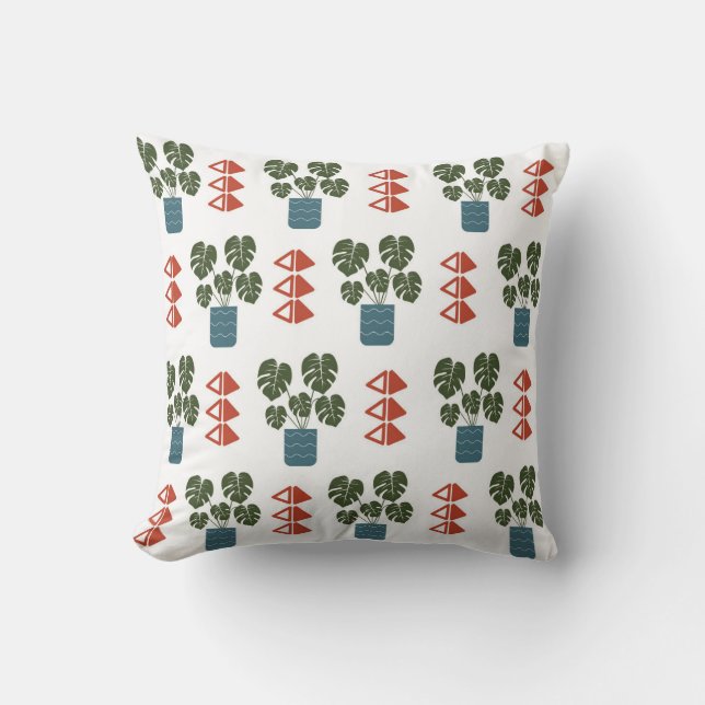 Cojín Decorativo Monstera Planta y Triángulos Rojos Pillow (Anverso)