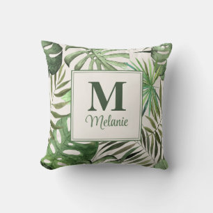 Cojín Decorativo Monstera Tropical con Nombre y Inicial Personaliza