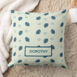 Cojín Decorativo Monstera tropical deja monograma en azul