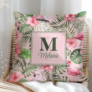 Cojín Decorativo Monstera Tropical y Monograma de Flamenco