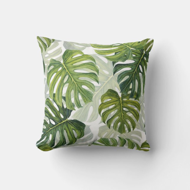 Cojín Decorativo Monstera verde acuarela tropical (Anverso)