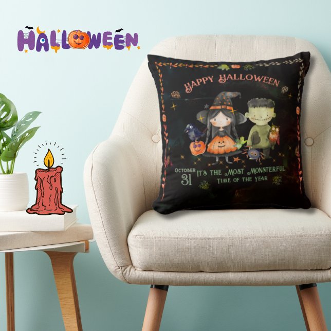 Cojín Decorativo Monstruo de Halloween y bruja (Halloween Monster and a Witch Throw Pillow)