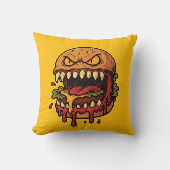 Cojín Decorativo Monstruo de hamburguesa con queso amarillo (Anverso)