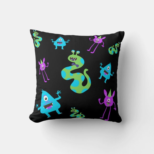 Cojín Decorativo Monstruos pequeños verde Verde azulado morado azul (Anverso)