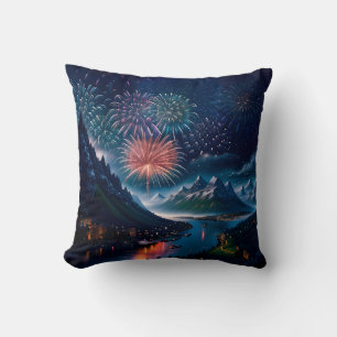 Cojín Decorativo Montaña del Crepúsculo con Fuegos Artificiales