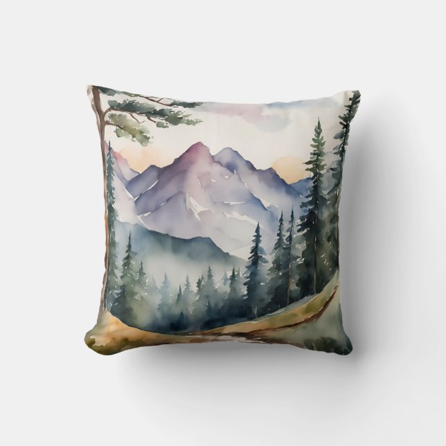 Cojín Decorativo Montañas acuarelas Naturaleza de los árboles (Anverso)