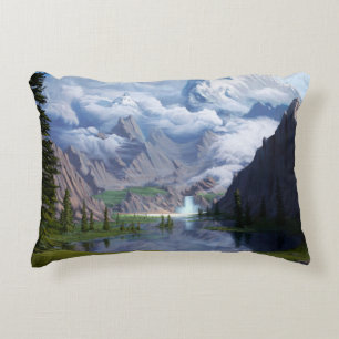 Cojín Decorativo Montañas lago cascada arte digital 3D ilustrativo