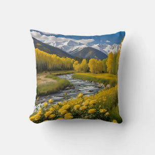 Cojín Decorativo Montañas nevadas amarillas del otoño en el río Asp