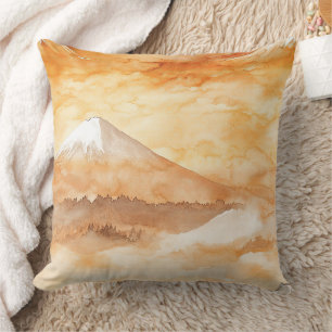 Cojín Decorativo Monte Fuji al amanecer acuarela paisaje naranja