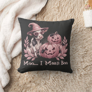 Cojín Decorativo Moo Quiero Decir Boo Bruja Vaca Calabazas Rosadas