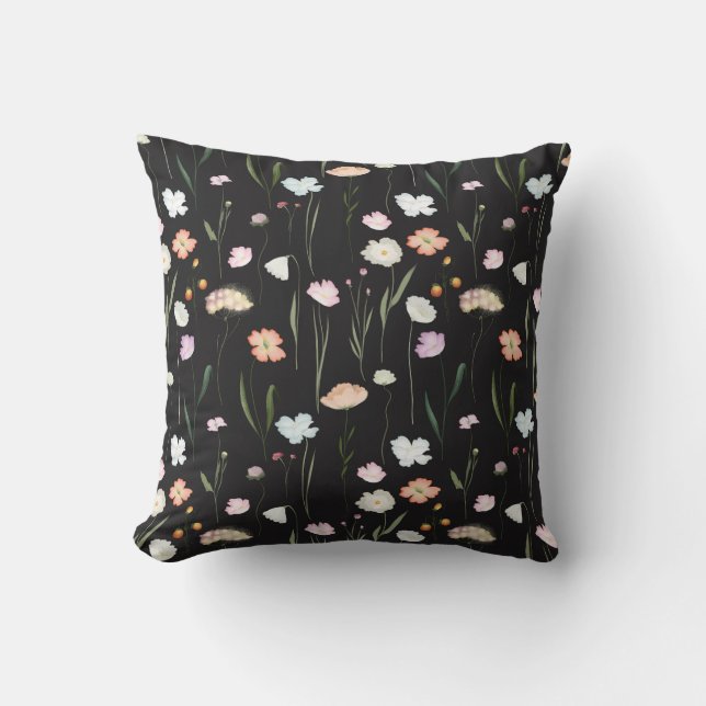 Cojín Decorativo Moody Wildflowers Patrón floral negro (Anverso)