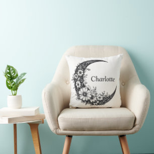 Cojín Decorativo Moon and Flowers Art con nombre de Personalizable