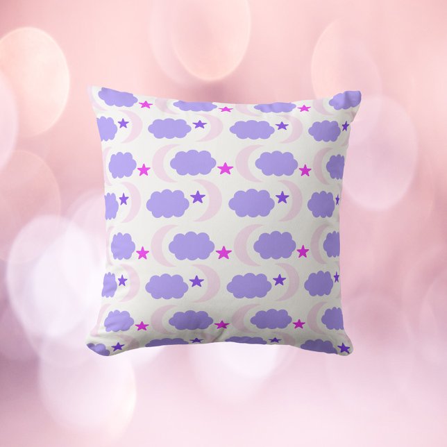 Cojín Decorativo Moon Cloud Stars Dark Pink Pattern (A throw pillow with a pattern of moons, stars and clouds in various shades of pinks and purples.)