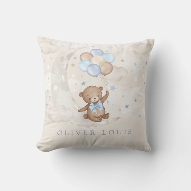 Cojín Decorativo Moon Teddy Bear Globos Azules Niño Nursera (Anverso)