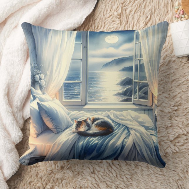 Cojín Decorativo Moonlit Coastal Bedroom with Sleeping Cat (Manta)
