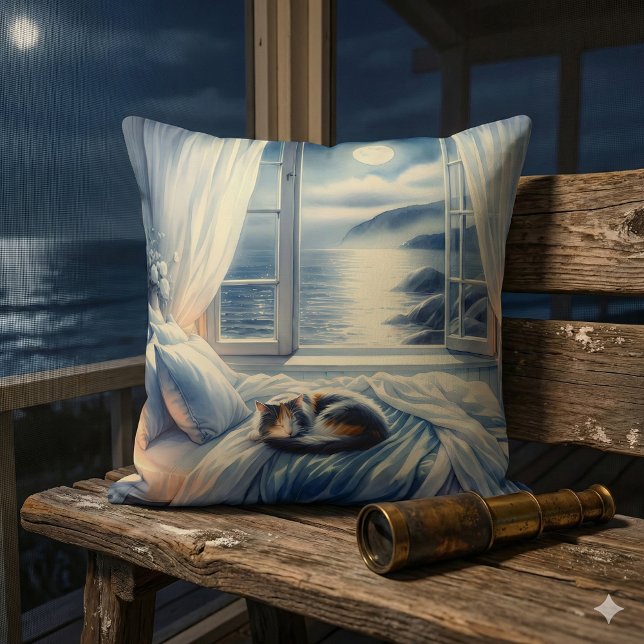 Cojín Decorativo Moonlit Coastal Bedroom with Sleeping Cat (Moonlit Coastal Bedroom with Sleeping Cat Throw Pillow Mockup A)