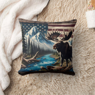 Cojín Decorativo Moose by Lake with Mountain and Flag Background