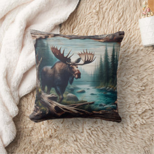 Cojín Decorativo Moose by River in Forest Landscape Art