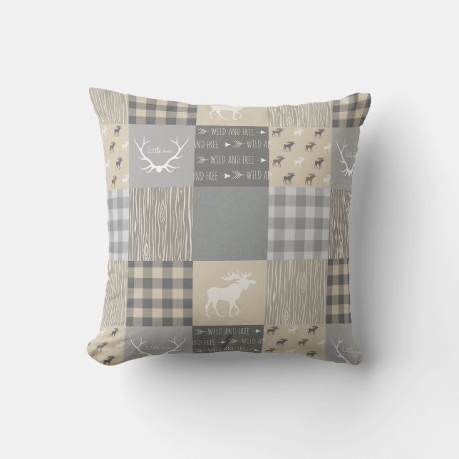 Cojín Decorativo Moose de parchwork de Woodland - Gris/Tan (Anverso)