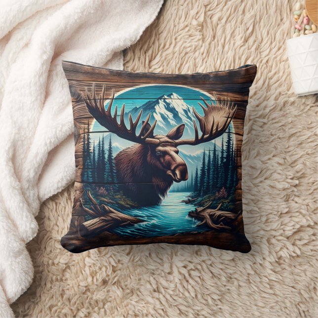 Cojín Decorativo Moose en el paisaje montañoso con río y árboles (Manta)