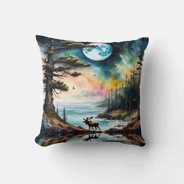 Cojín Decorativo Moose Under the Full Moon (Anverso)