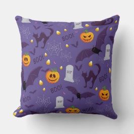COJÍN DECORATIVO MORADO CON LÁPIDAS CALABAZAS NARANJAS MURCIÉLAGOS