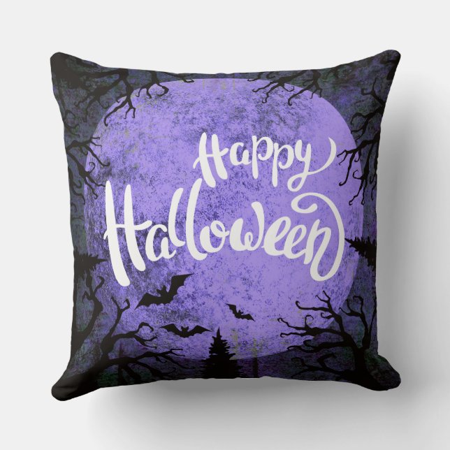 Cojín Decorativo Morado y blanco simple Feliz Halloween (Reverso )
