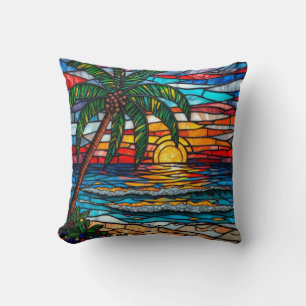 Cojín Decorativo Mosaico Colorido Atardecer Tropical Playa Palma