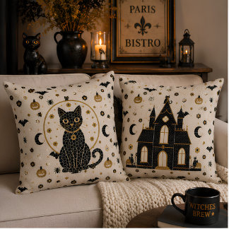 Cojín Decorativo Mosaico de Bistró Parisino de Halloween Gato Negro