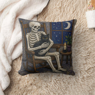 Cojín Decorativo Mosaico de esqueleto de Halloween y gato negro