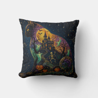 Cojín Decorativo Mosaico de Halloween Castillo Embrujado Gato Negro