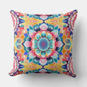 Cojín Decorativo mosaico de Mandala en rosa, Verde azulado y amaril