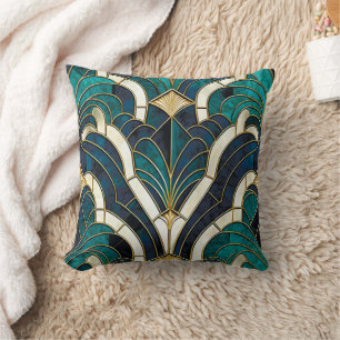 Cojín Decorativo Mosaico de mármol de lujo Art Deco azul oro y verd