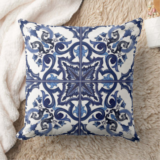 Cojín Decorativo Mosaico de Mayólica Siciliana Azul y Blanco Italia