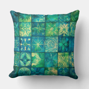 Cojín Decorativo Mosaico Geométrico Azul Verdoso Vintage