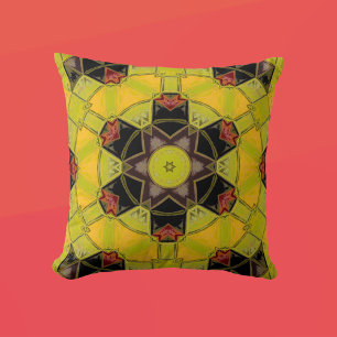 Cojín Decorativo Mosaico Mandala Flor Amarillo Verde Rojo y Negro
