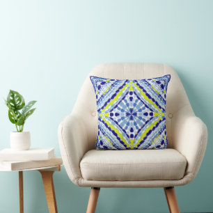 Cojín Decorativo Mosaico-Pintado de Neón Azul Mediterráneo