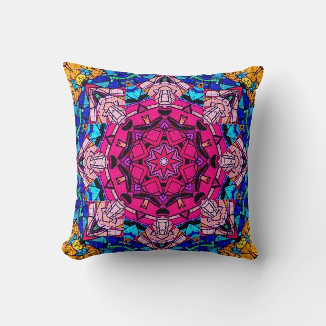 Cojín Decorativo Mosaico rosa Mandala Floral Psicodélico Retro (Anverso)