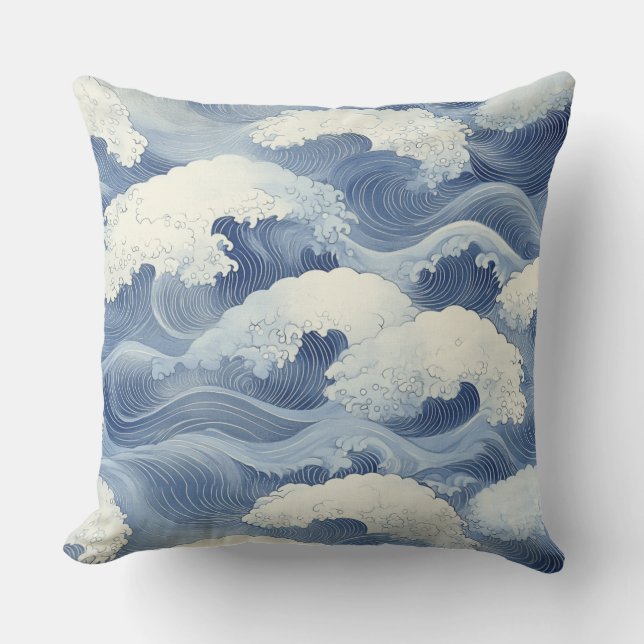 Cojín Decorativo 🌊 Motif Traditionnel Japonais de Vagues Bleues 🌊 (Anverso)