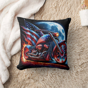 Cojín Decorativo Motocicleta con bandera estadounidense contra luna
