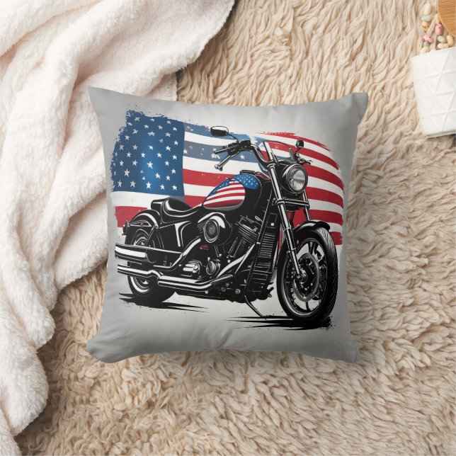 Cojín Decorativo Motocicleta con fondo de bandera estadounidense (Manta)