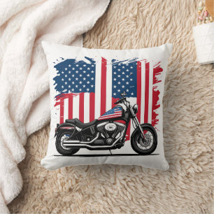 Cojín Decorativo Motocicleta con fondo de bandera estadounidense